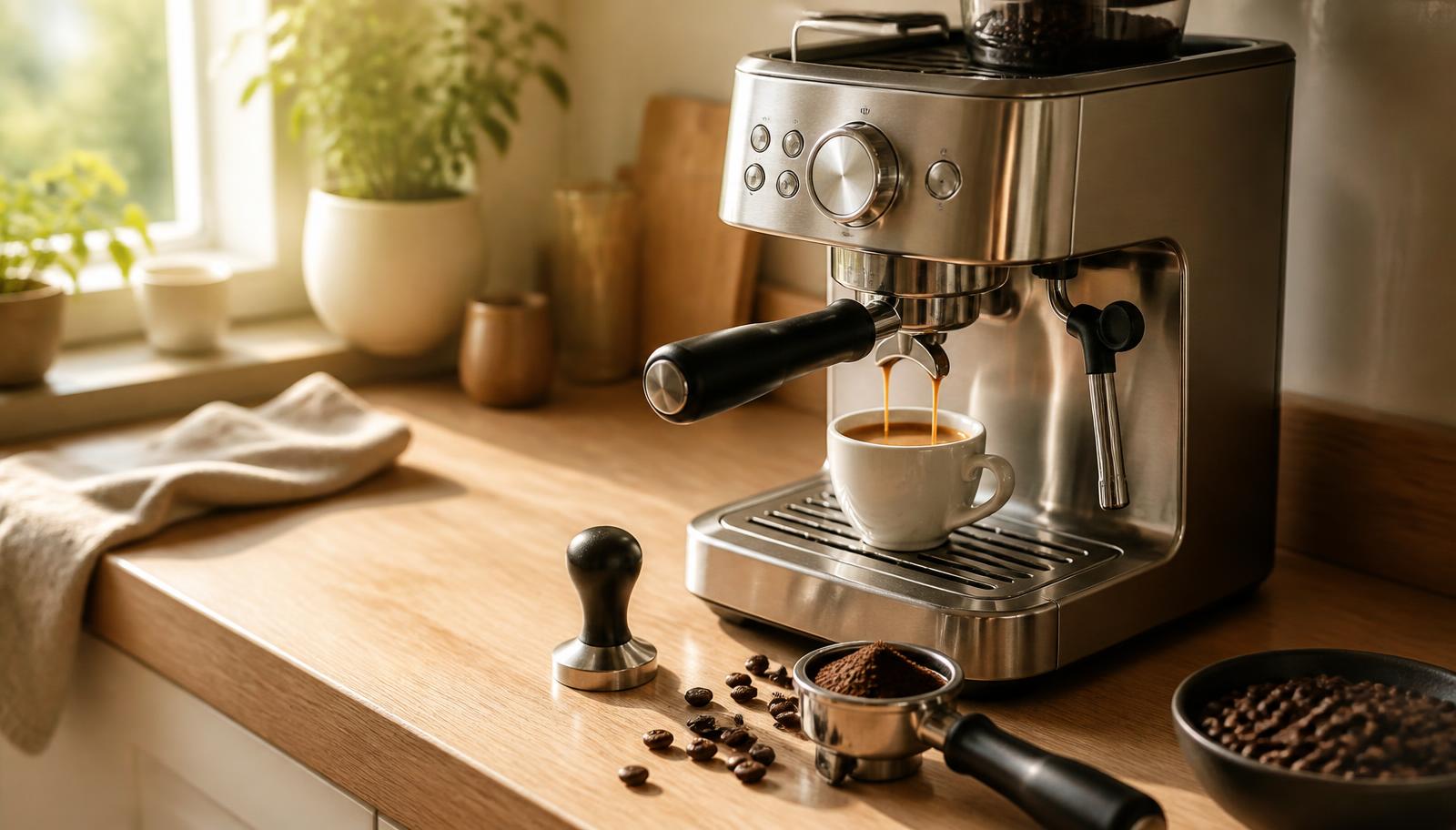 Home espresso machine pulling a double shot on a kitchen counter