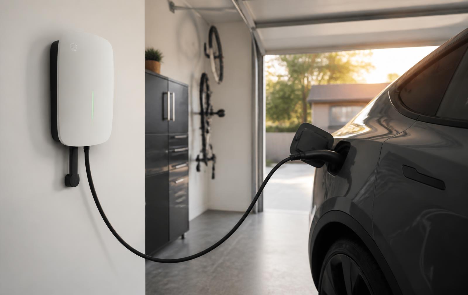 Wall-mounted Level 2 home EV charger in a residential garage