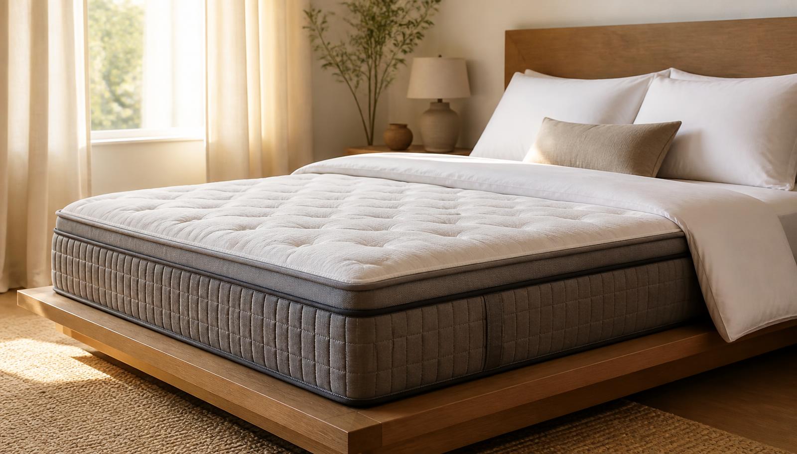 Thick quilted hybrid mattress on a wooden platform bed in a sunlit bedroom