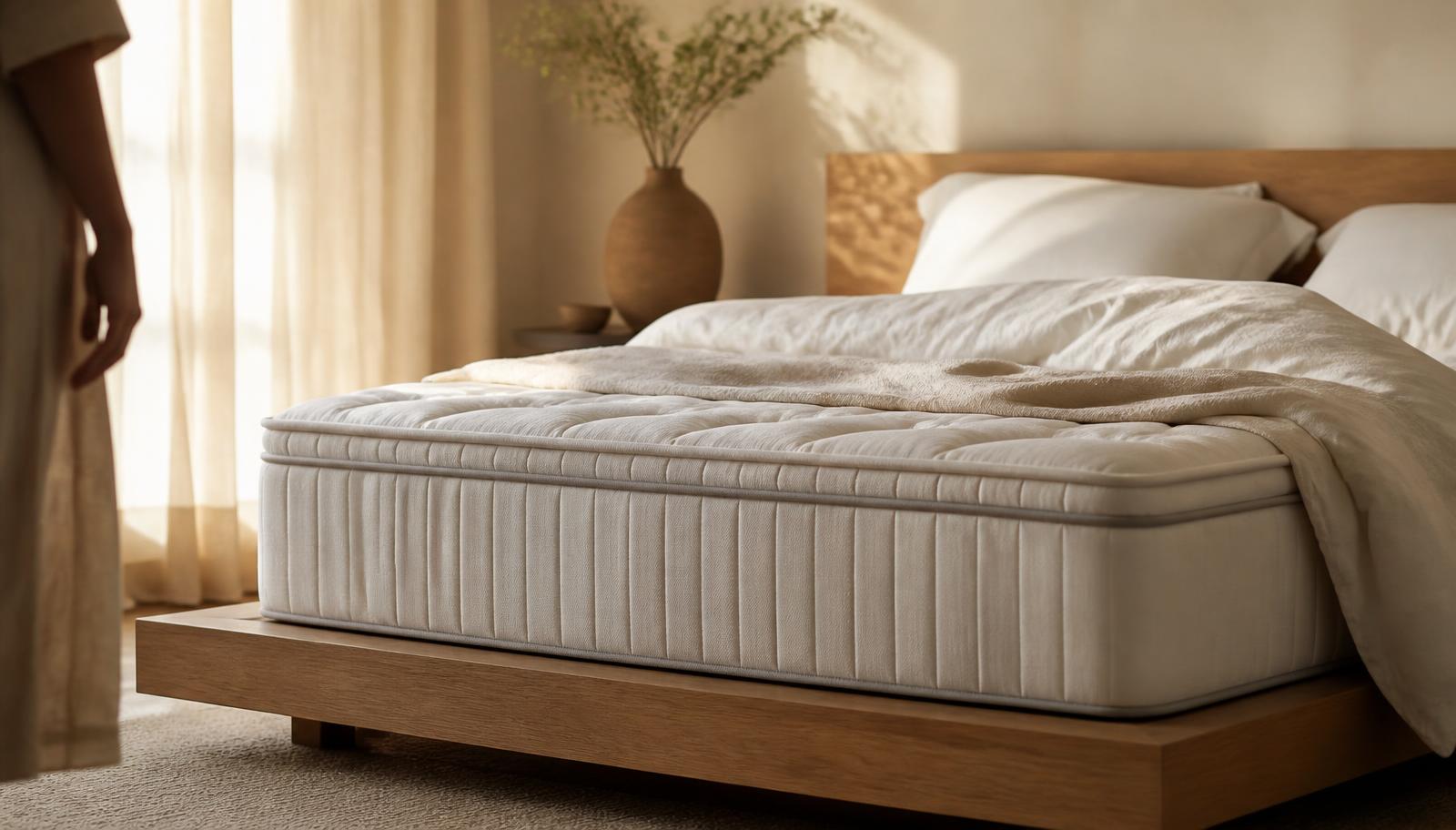 Thick pillow-top hybrid mattress on a low wooden platform bed in a sunlit bedroom